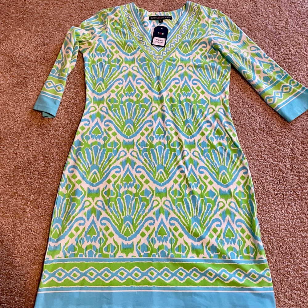 Barbara Erickson Resort Geometric  Print 3/4 Sleeve Dress Sz S Cotton Aqua Green